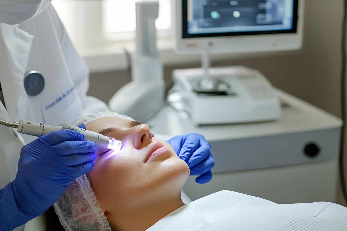Dermatologist Applying High-Tech Treatment to Patient's Eye Area