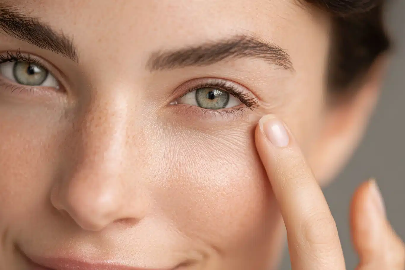 Close up of a woman focusing on the eye and eyebrow area.